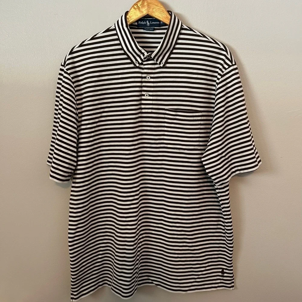 Ralph Lauren Polo Shirt Mens XL Brown White‎ Striped Pima Cotton Short Sleeve